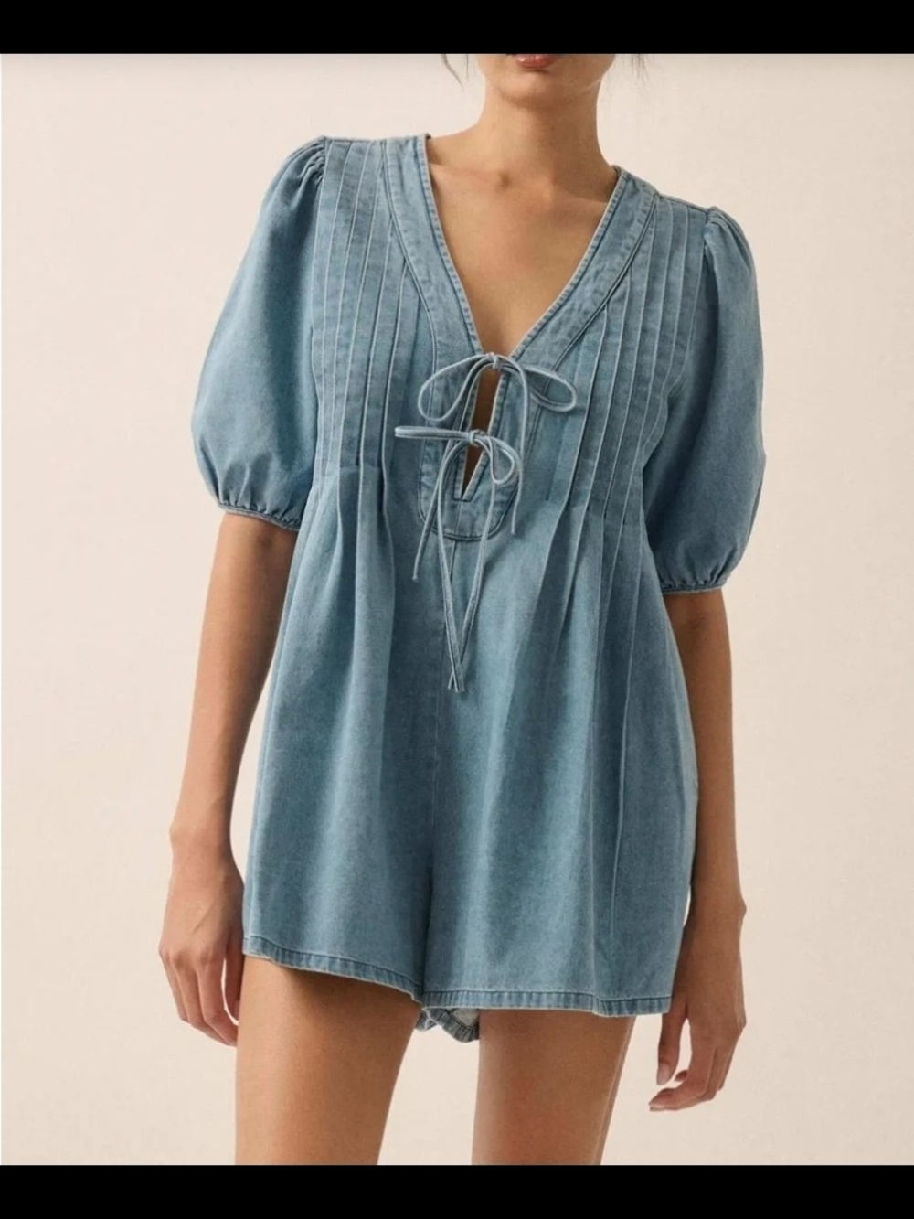 Light Wash Denim Tie-Front Romper